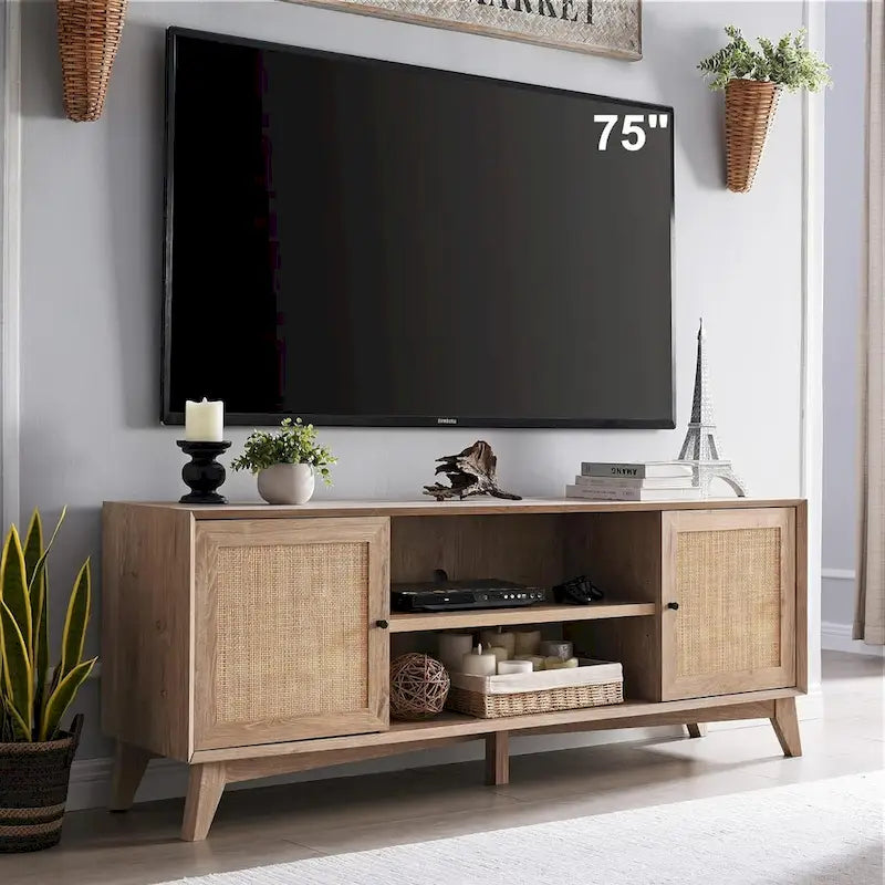 Mobile TV in rattan stile mid-century ciliegio/bianco/rovere naturale, adatto per TV fino a 75"