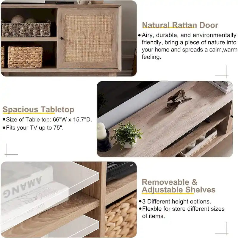 Mobile TV in rattan stile mid-century ciliegio/bianco/rovere naturale, adatto per TV fino a 75"