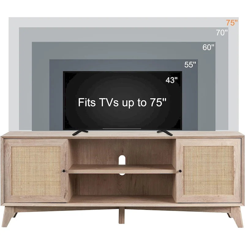 Mobile TV in rattan stile mid-century ciliegio/bianco/rovere naturale, adatto per TV fino a 75"
