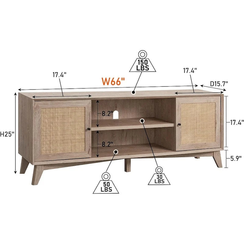Mobile TV in rattan stile mid-century ciliegio/bianco/rovere naturale, adatto per TV fino a 75"