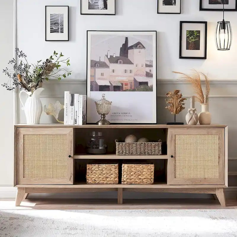 Mobile TV in rattan stile mid-century ciliegio/bianco/rovere naturale, adatto per TV fino a 75"