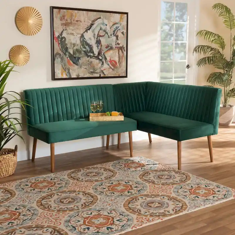 Set banquette per sala da pranzo in velluto grigio e noce scuro Mid-Century, 2 posti + angolare, 2 pezzi