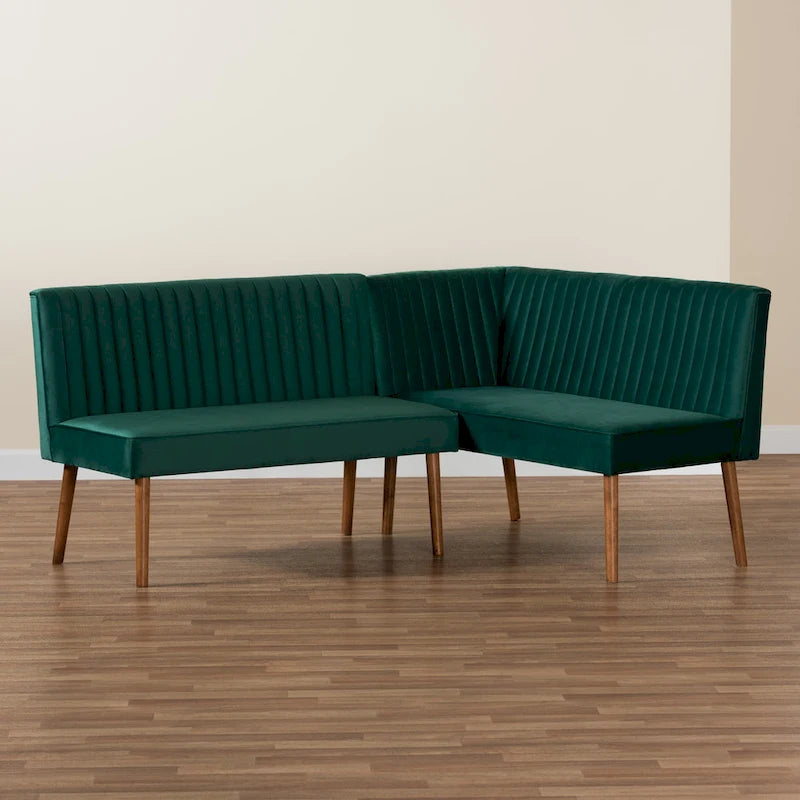 Set banquette per sala da pranzo in velluto grigio e noce scuro Mid-Century, 2 posti + angolare, 2 pezzi