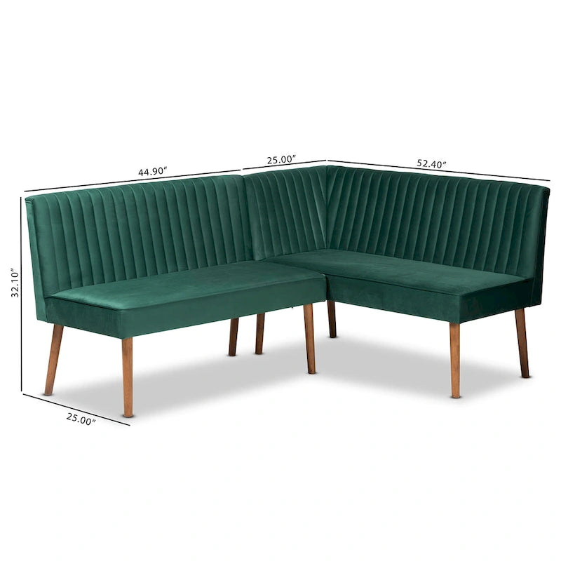 Set banquette per sala da pranzo in velluto grigio e noce scuro Mid-Century, 2 posti + angolare, 2 pezzi