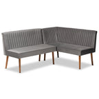 Set banquette per sala da pranzo in velluto grigio e noce scuro Mid-Century, 2 posti + angolare, 2 pezzi