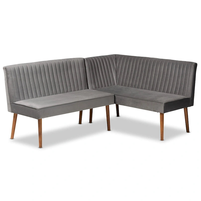 Set banquette per sala da pranzo in velluto grigio e noce scuro Mid-Century, 2 posti + angolare, 2 pezzi
