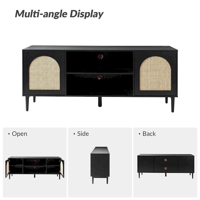 Mobile TV Coastal in Rattan Nero/Quercia con Ante Push-to-Open, Adatto per TV fino a 70"