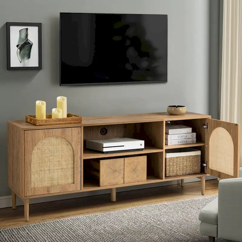 Mobile TV Coastal in Rattan Nero/Quercia con Ante Push-to-Open, Adatto per TV fino a 70"