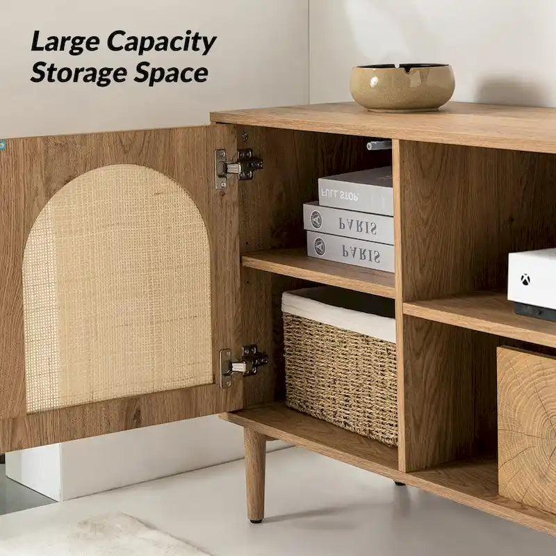 Mobile TV Coastal in Rattan Nero/Quercia con Ante Push-to-Open, Adatto per TV fino a 70"