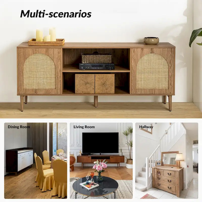 Mobile TV Coastal in Rattan Nero/Quercia con Ante Push-to-Open, Adatto per TV fino a 70"