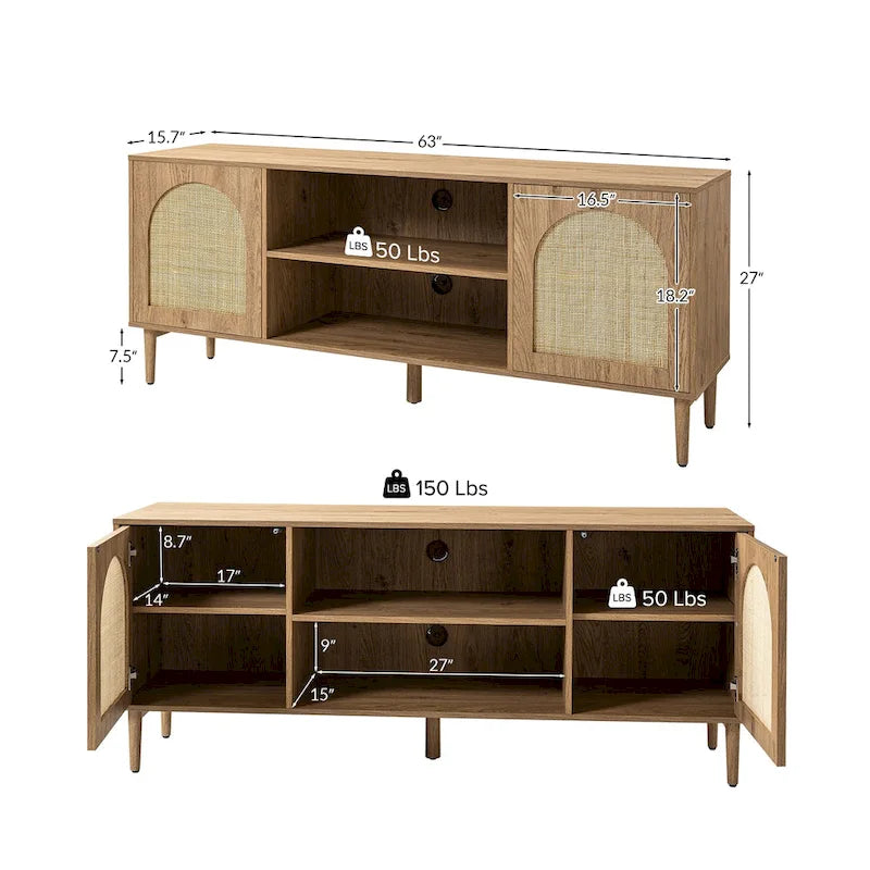 Mobile TV Coastal in Rattan Nero/Quercia con Ante Push-to-Open, Adatto per TV fino a 70"