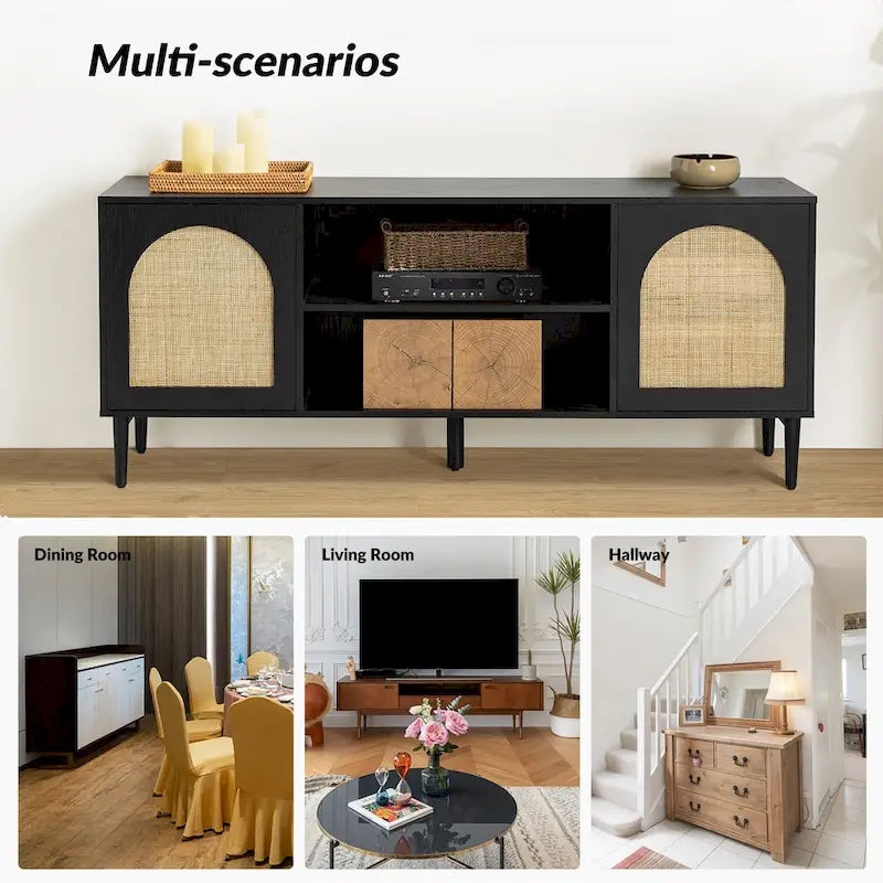 Mobile TV Coastal in Rattan Nero/Quercia con Ante Push-to-Open, Adatto per TV fino a 70"