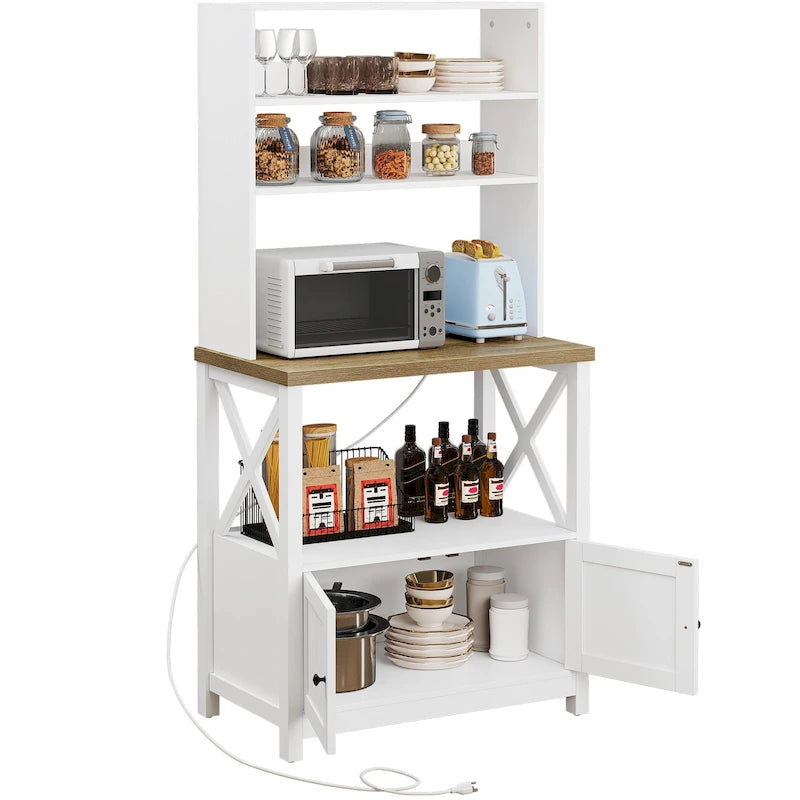 Scaffale da Panettiere a 5 Ripiani con Ante, Prese Elettriche e USB Bianco/Rovere – Montaggio da 1 Persona