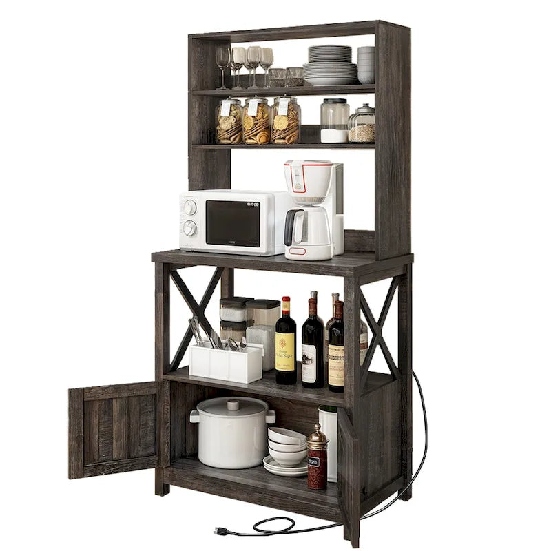 Scaffale da Panettiere a 5 Ripiani con Ante, Prese Elettriche e USB Bianco/Rovere – Montaggio da 1 Persona