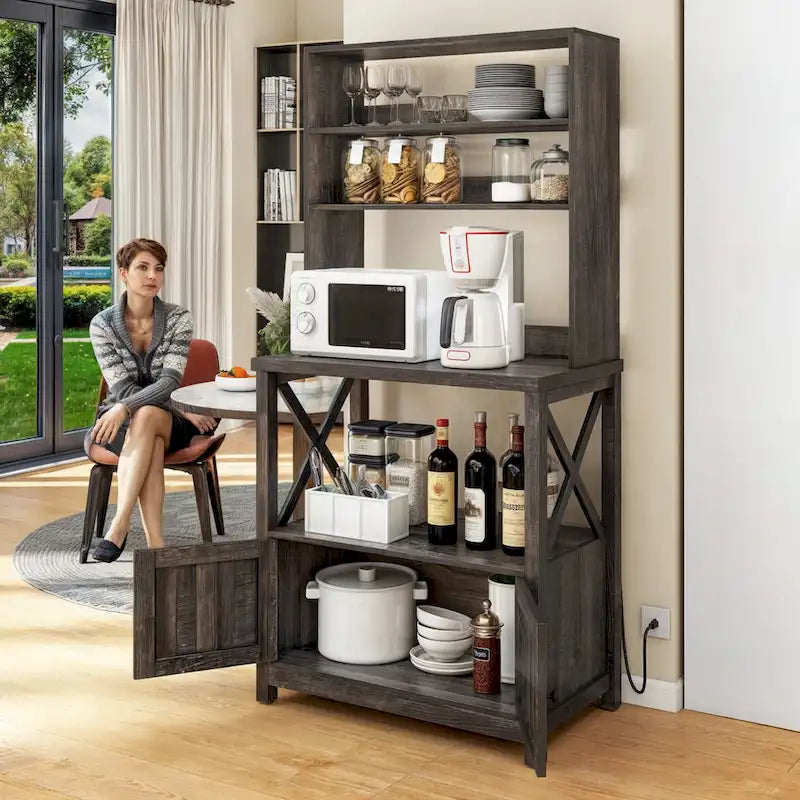 Scaffale da Panettiere a 5 Ripiani con Ante, Prese Elettriche e USB Bianco/Rovere – Montaggio da 1 Persona