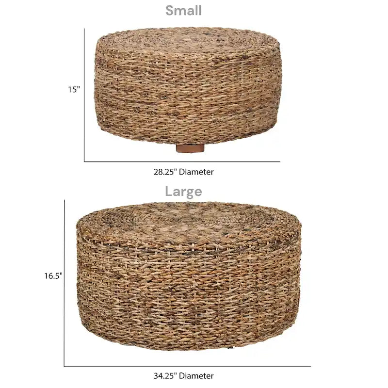 Pouf/Tavolino rotondo 1 posto in abaca intrecciata a mano, marrone e marrone chiaro