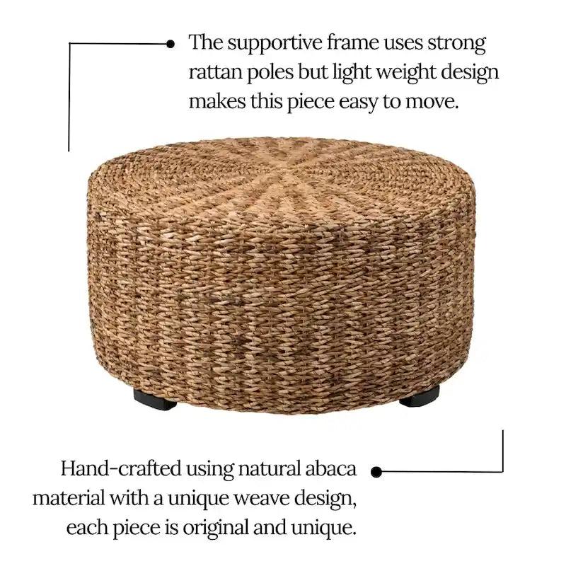 Pouf/Tavolino rotondo 1 posto in abaca intrecciata a mano, marrone e marrone chiaro