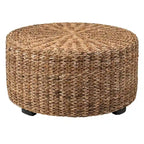Pouf/Tavolino rotondo 1 posto in abaca intrecciata a mano, marrone e marrone chiaro