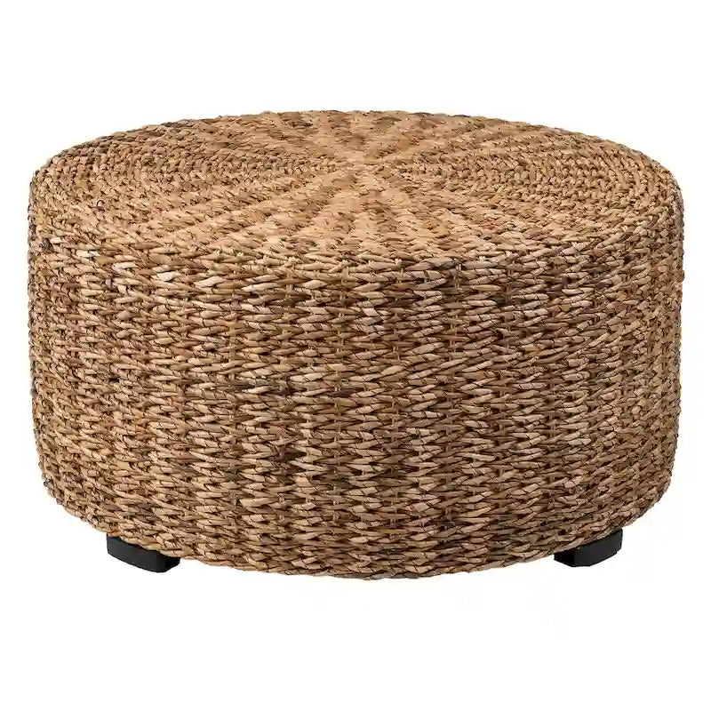 Pouf/Tavolino rotondo 1 posto in abaca intrecciata a mano, marrone e marrone chiaro