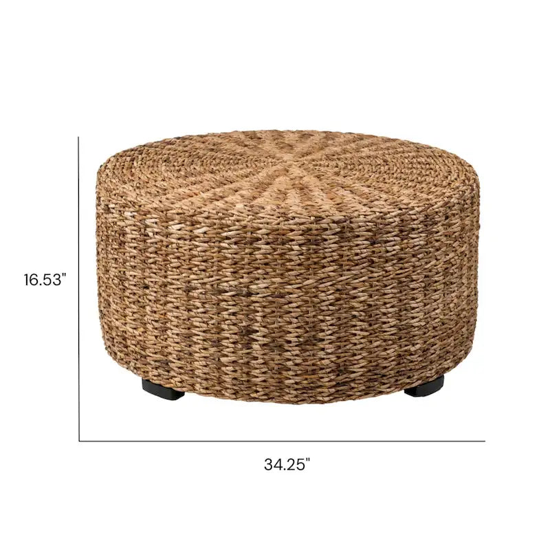 Pouf/Tavolino rotondo 1 posto in abaca intrecciata a mano, marrone e marrone chiaro