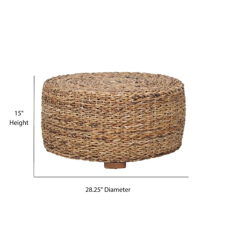 Pouf/Tavolino rotondo 1 posto in abaca intrecciata a mano, marrone e marrone chiaro