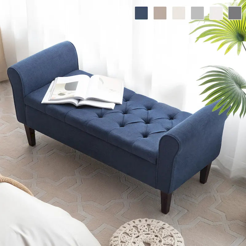 Arm Fabric Storage Ottoman Bench with Solid Wood Legs, 48 W x 18 D x 23 H