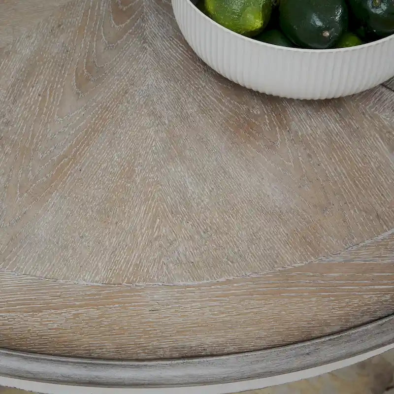Tavolo da pranzo rotondo con piedistallo in bianco antico/bisquit anticato con prolunga da 45,7 cm, 4-6 posti