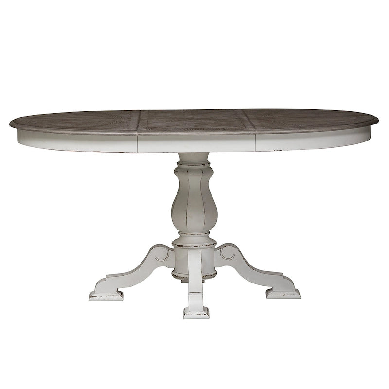 Tavolo da pranzo rotondo con piedistallo in bianco antico/bisquit anticato con prolunga da 45,7 cm, 4-6 posti