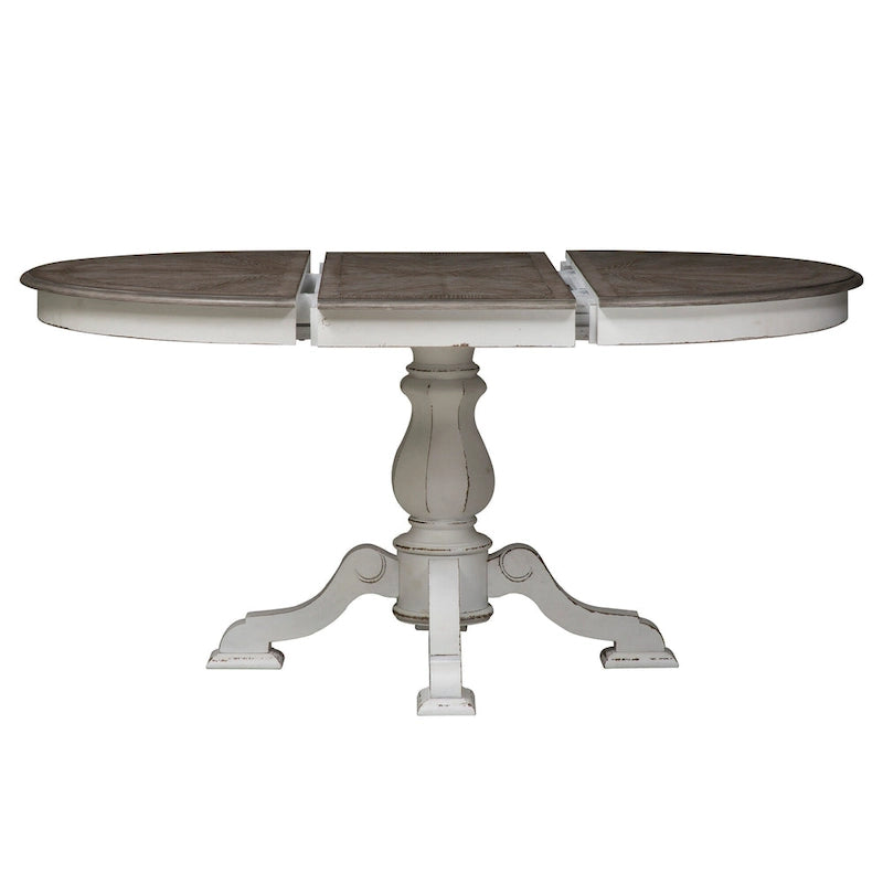 Tavolo da pranzo rotondo con piedistallo in bianco antico/bisquit anticato con prolunga da 45,7 cm, 4-6 posti
