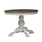 Tavolo da pranzo rotondo con piedistallo in bianco antico/bisquit anticato con prolunga da 45,7 cm, 4-6 posti