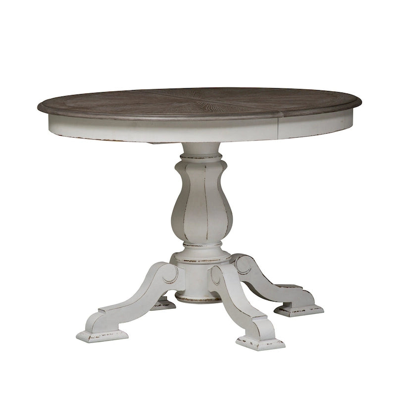 Tavolo da pranzo rotondo con piedistallo in bianco antico/bisquit anticato con prolunga da 45,7 cm, 4-6 posti