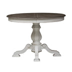 Tavolo da pranzo rotondo con piedistallo in bianco antico/bisquit anticato con prolunga da 45,7 cm, 4-6 posti