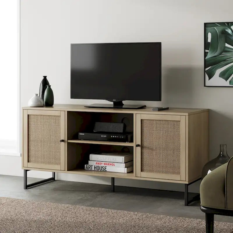Mobile TV Boho in Rovere/Bianco e Nero/Oro con ante in Rattan, Singolo o Set da 2