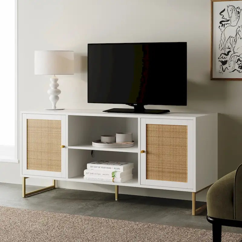 Mobile TV Boho in Rovere/Bianco e Nero/Oro con ante in Rattan, Singolo o Set da 2
