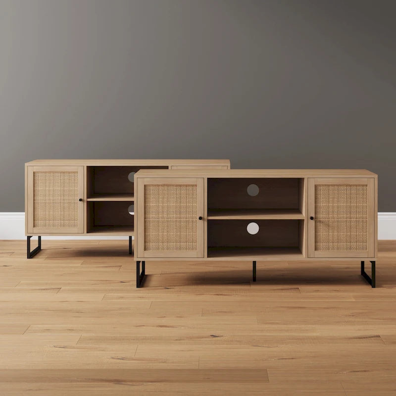 Mobile TV Boho in Rovere/Bianco e Nero/Oro con ante in Rattan, Singolo o Set da 2