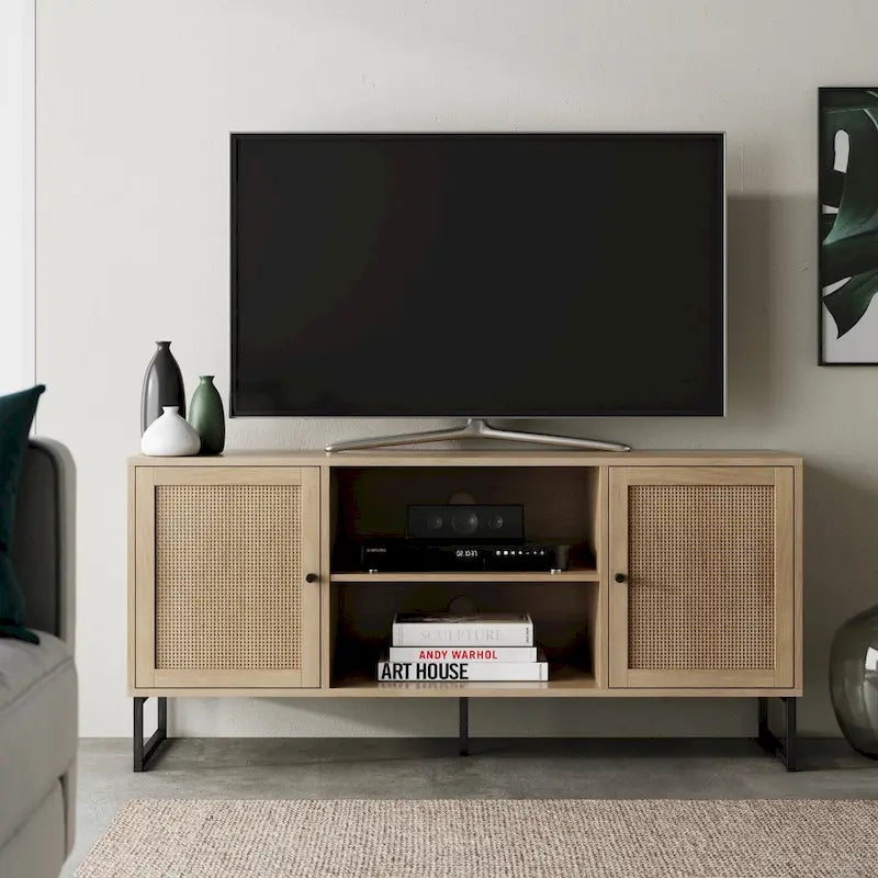 Mobile TV Boho in Rovere/Bianco e Nero/Oro con ante in Rattan, Singolo o Set da 2