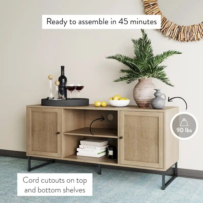 Mobile TV Boho in Rovere/Bianco e Nero/Oro con ante in Rattan, Singolo o Set da 2