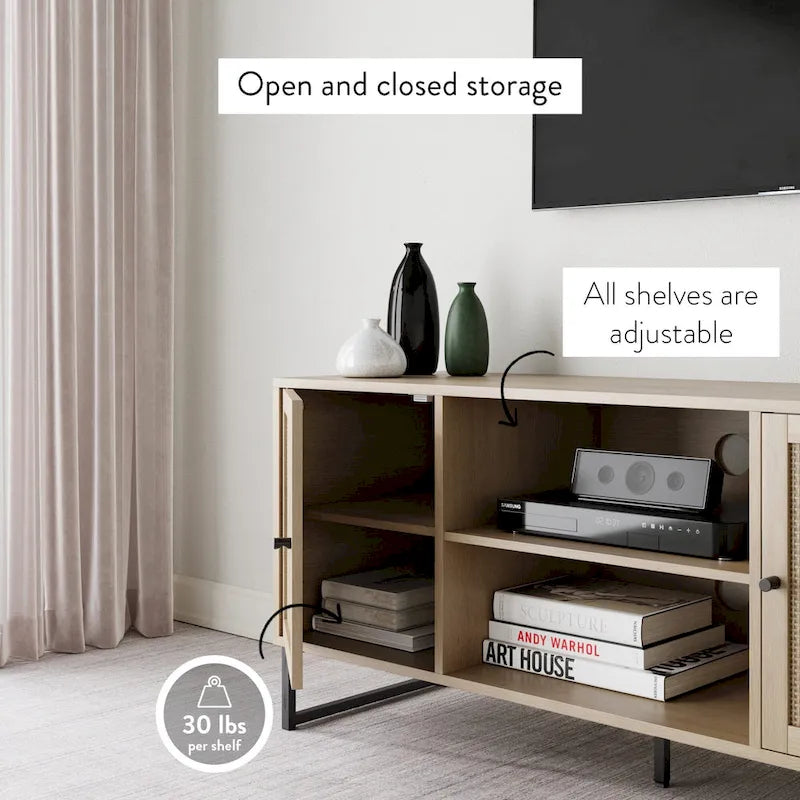 Mobile TV Boho in Rovere/Bianco e Nero/Oro con ante in Rattan, Singolo o Set da 2