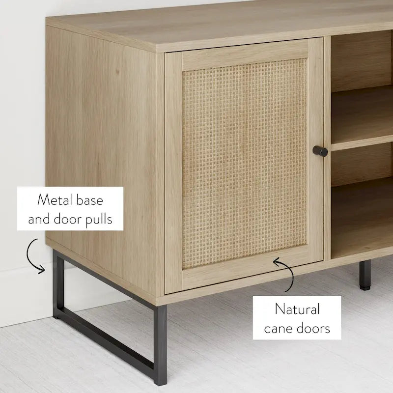 Mobile TV Boho in Rovere/Bianco e Nero/Oro con ante in Rattan, Singolo o Set da 2