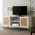 Mobile TV Boho in Rovere/Bianco e Nero/Oro con ante in Rattan, Singolo o Set da 2