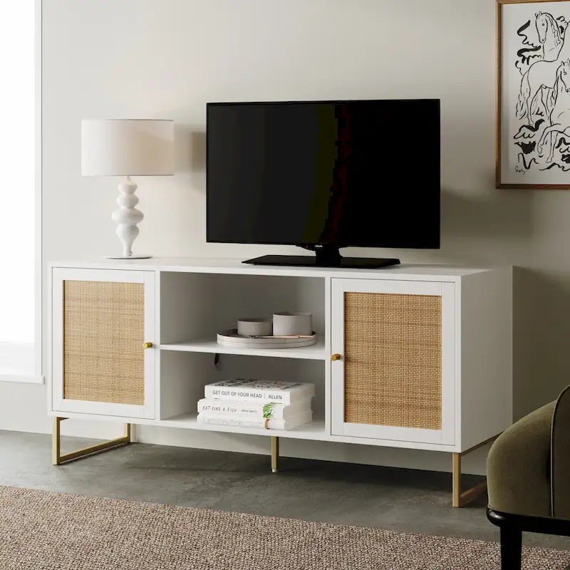 Mobile TV Boho in Rovere/Bianco e Nero/Oro con ante in Rattan, Singolo o Set da 2