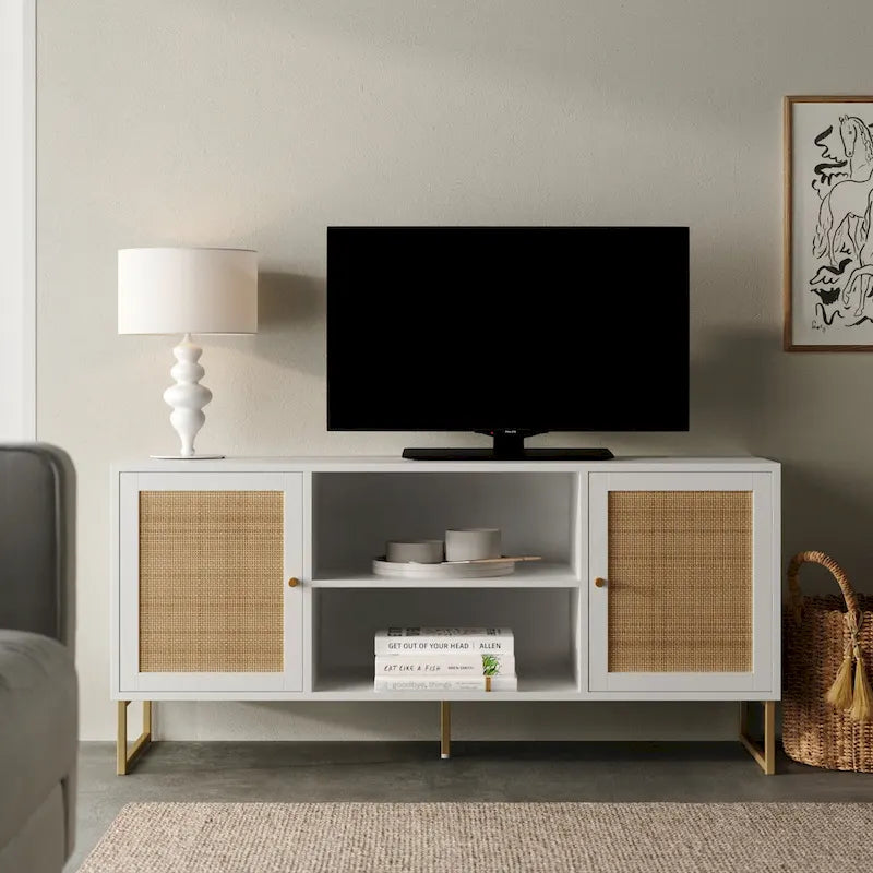 Mobile TV Boho in Rovere/Bianco e Nero/Oro con ante in Rattan, Singolo o Set da 2