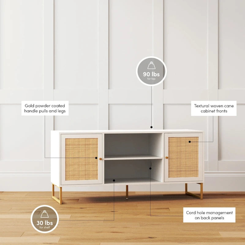 Mobile TV Boho in Rovere/Bianco e Nero/Oro con ante in Rattan, Singolo o Set da 2