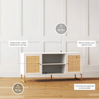 Mobile TV Boho in Rovere/Bianco e Nero/Oro con ante in Rattan, Singolo o Set da 2