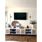 Mobile TV Boho in Rovere/Bianco e Nero/Oro con ante in Rattan, Singolo o Set da 2