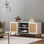 Mobile TV Boho in Rovere/Bianco e Nero/Oro con ante in Rattan, Singolo o Set da 2