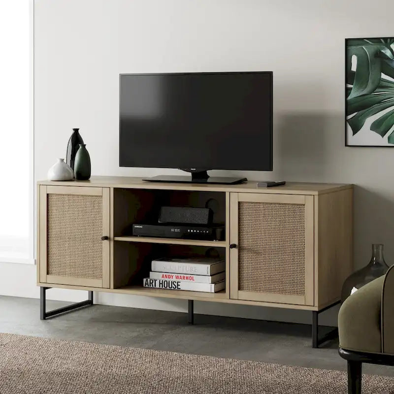 Mobile TV Boho in Rovere/Bianco e Nero/Oro con ante in Rattan, Singolo o Set da 2