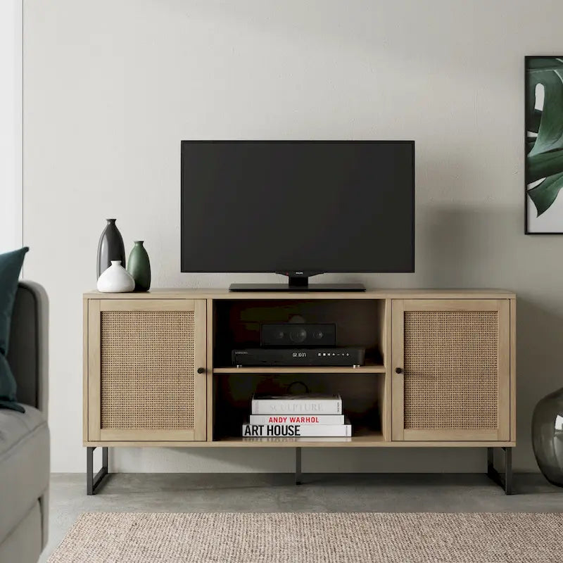 Mobile TV Boho in Rovere/Bianco e Nero/Oro con ante in Rattan, Singolo o Set da 2