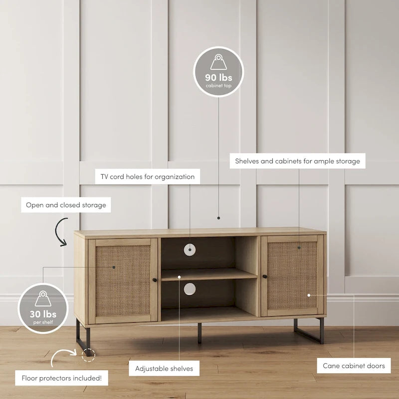 Mobile TV Boho in Rovere/Bianco e Nero/Oro con ante in Rattan, Singolo o Set da 2