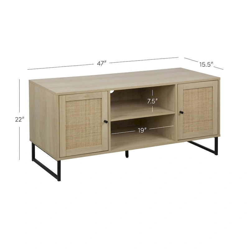 Mobile TV Boho in Rovere/Bianco e Nero/Oro con ante in Rattan, Singolo o Set da 2
